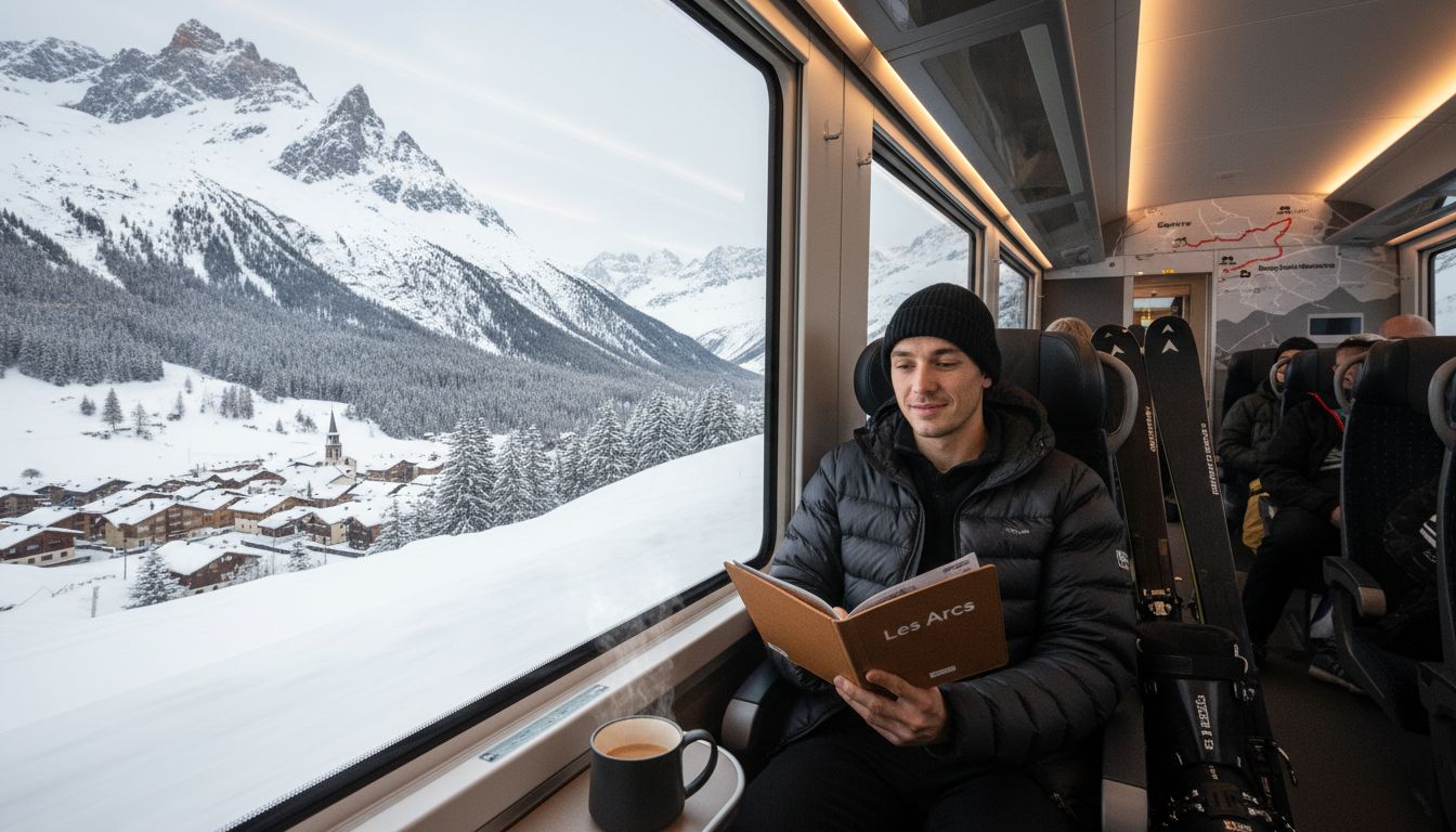 Train passing snowy Alps towards Les Arcs