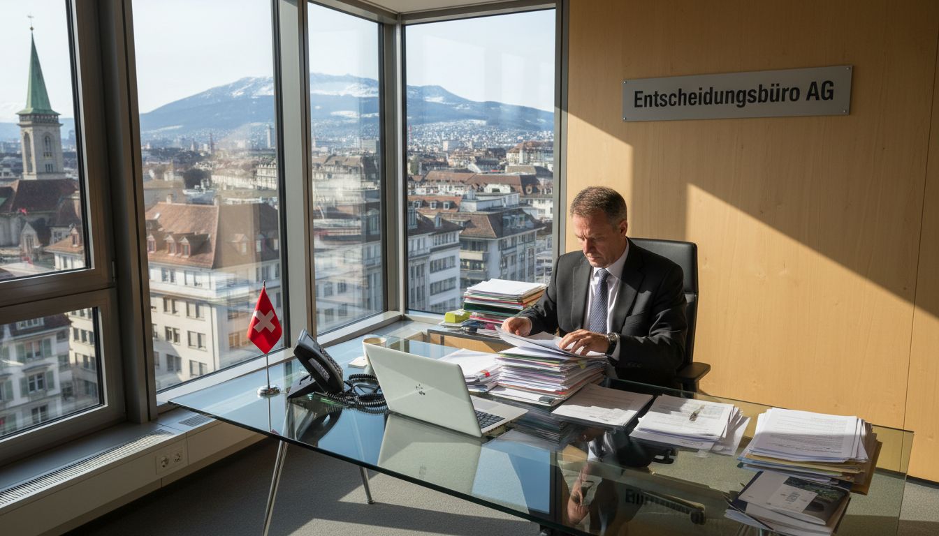 Businessman in Swiss office with mail