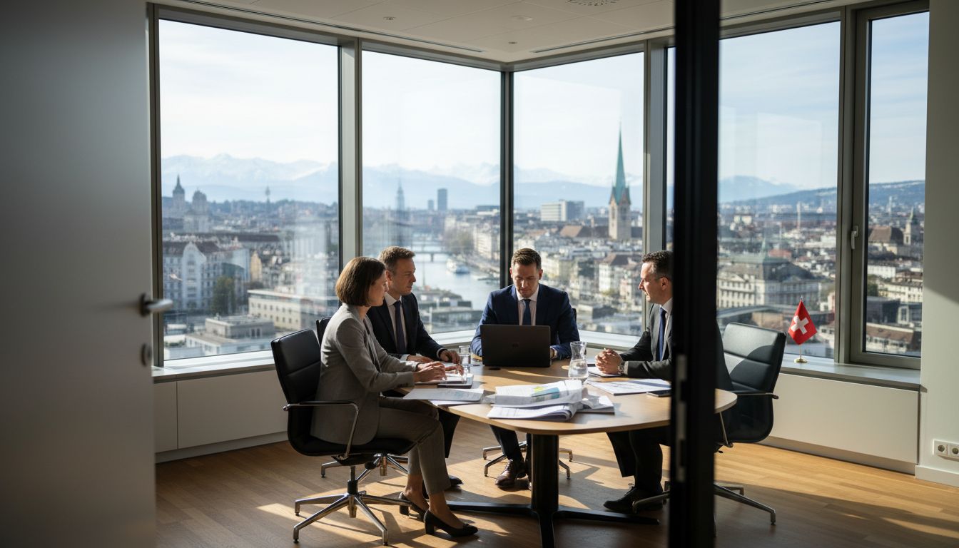 Business team meeting in Swiss office overlooking Zurich