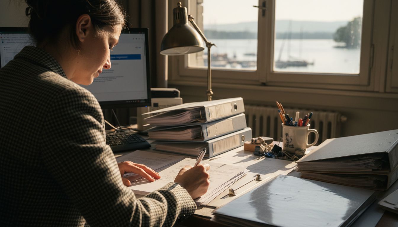 Businesswoman signing documents in Swiss office