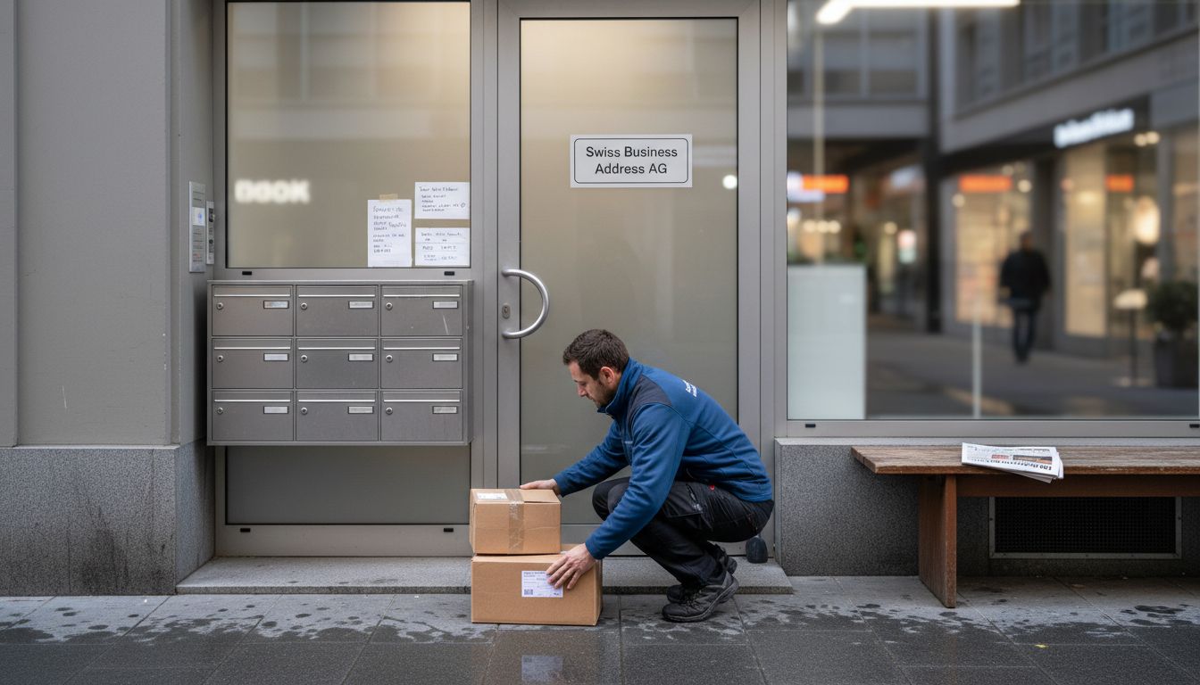 Swiss office building with sign and packages