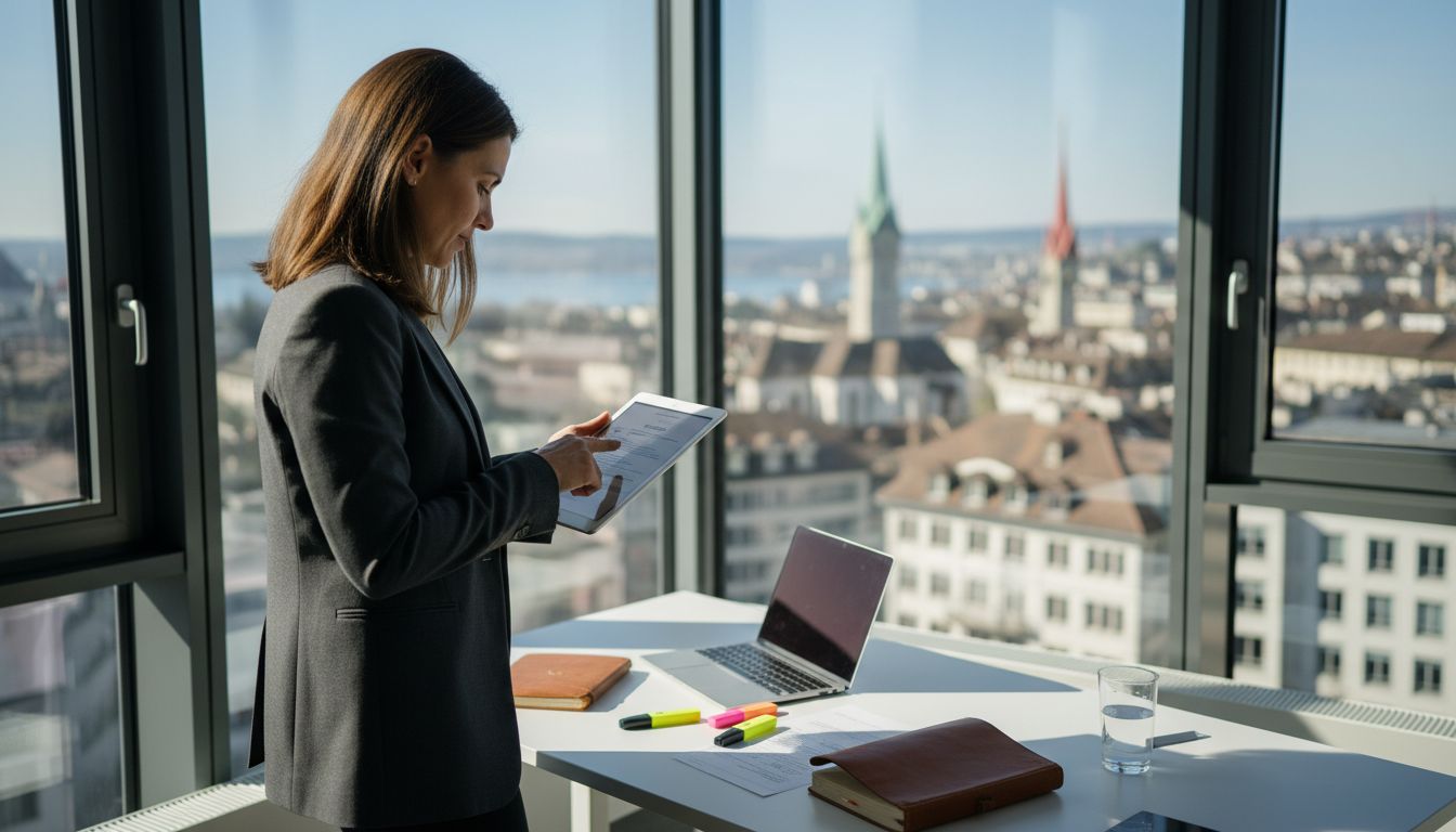 Entrepreneur in corner Swiss office, reviewing documents