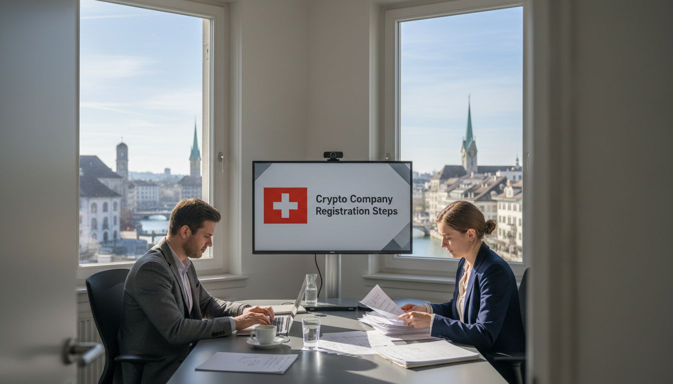 Professionals reviewing crypto company registration steps in Swiss office