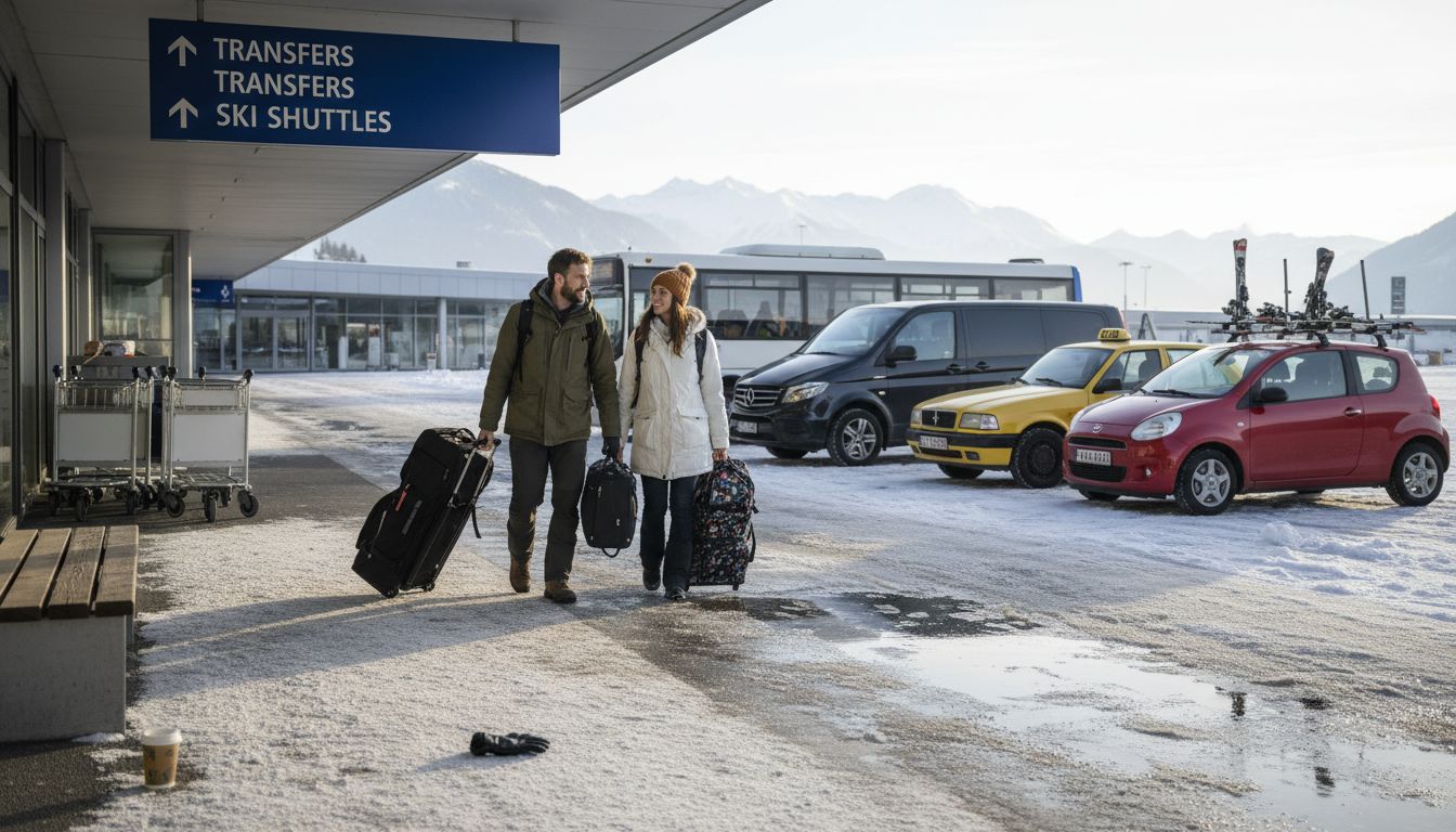 Travelers with luggage choosing transfer outside snowy airport