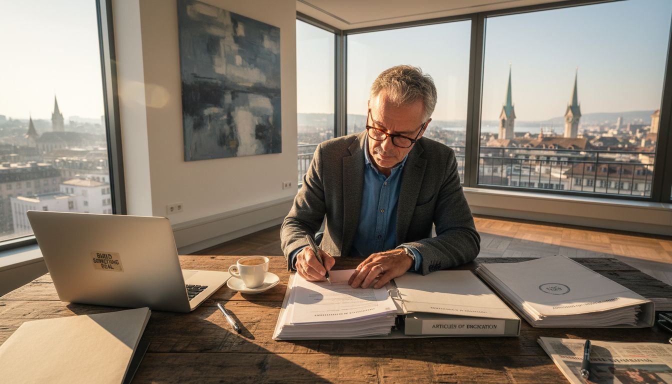 Entrepreneur signing Swiss GmbH papers in office