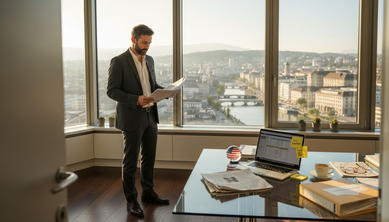 Entrepreneur reviewing documents in Swiss office with Zurich view