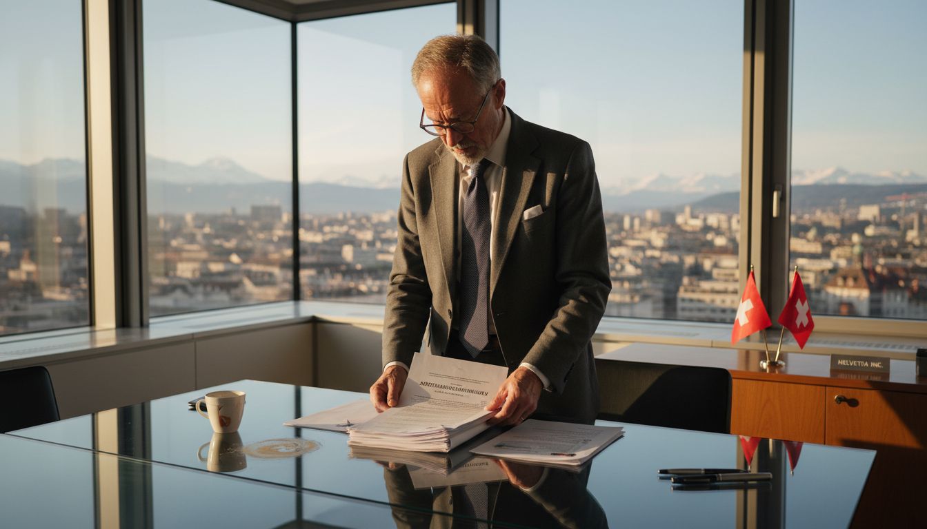 Swiss executive in Zurich boardroom with legal documents