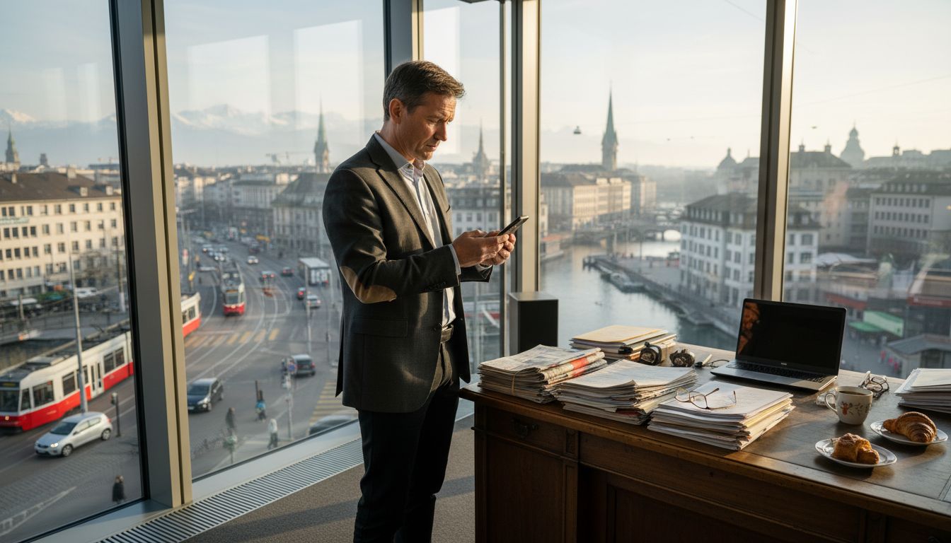Swiss executive in corner office overlooking Zurich