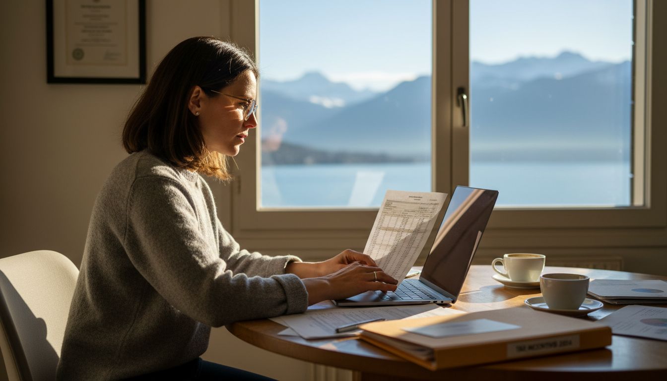 Swiss tax advisor reviewing financial documents