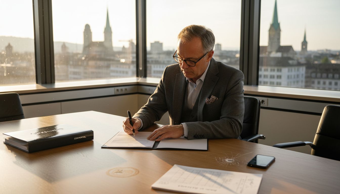 Swiss director signing document in office