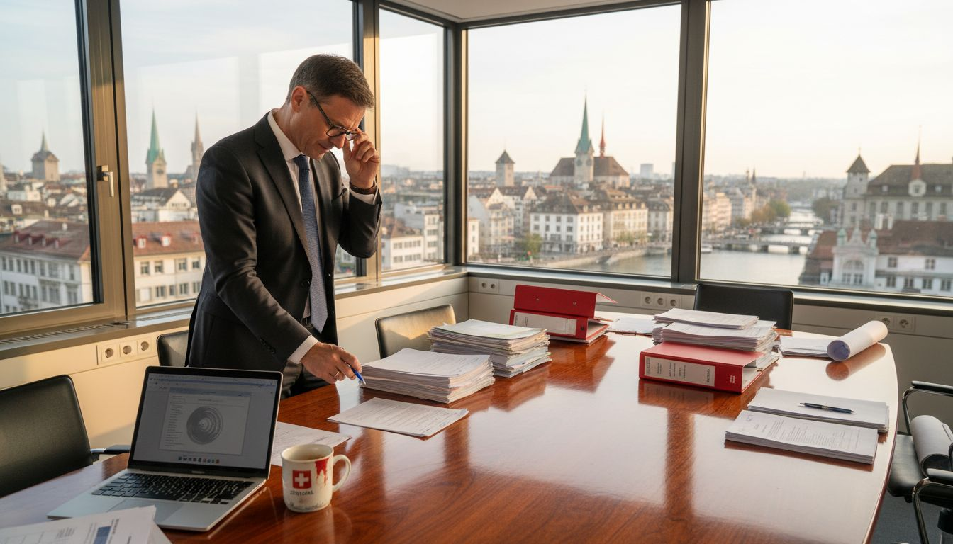 Swiss entrepreneur reviewing business license paperwork