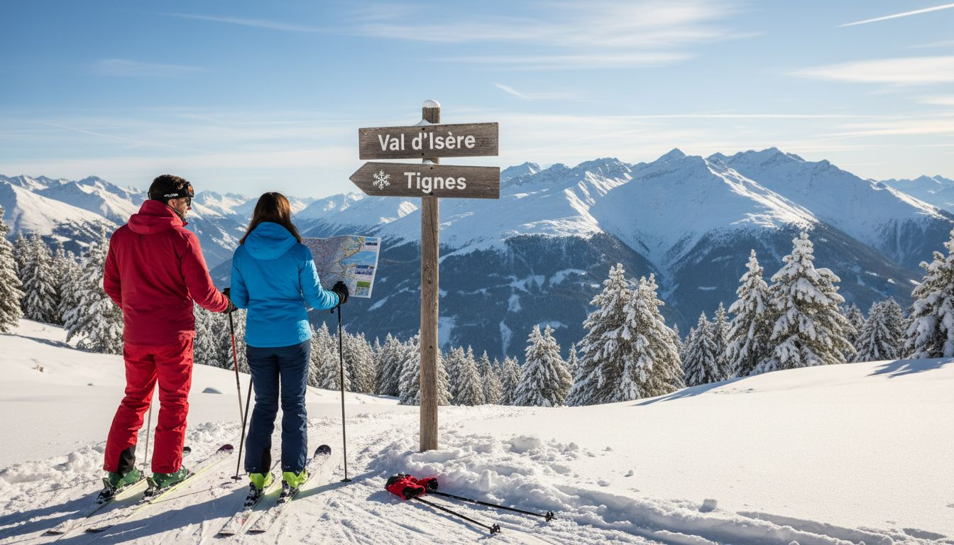 Skiers between Val d’Isère and Tignes on snowy trail