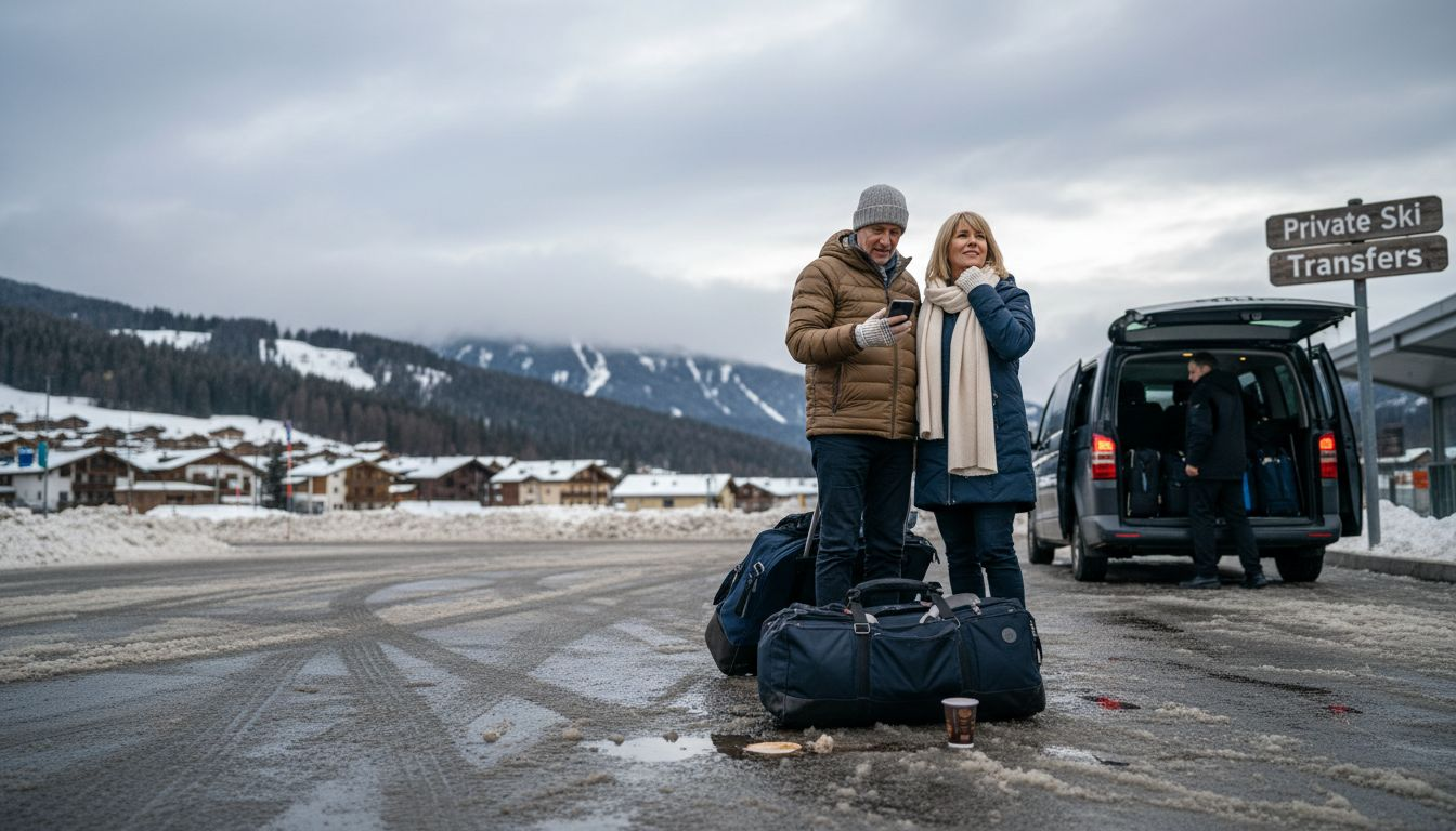 Couple awaiting ski transfer at Geneva Airport