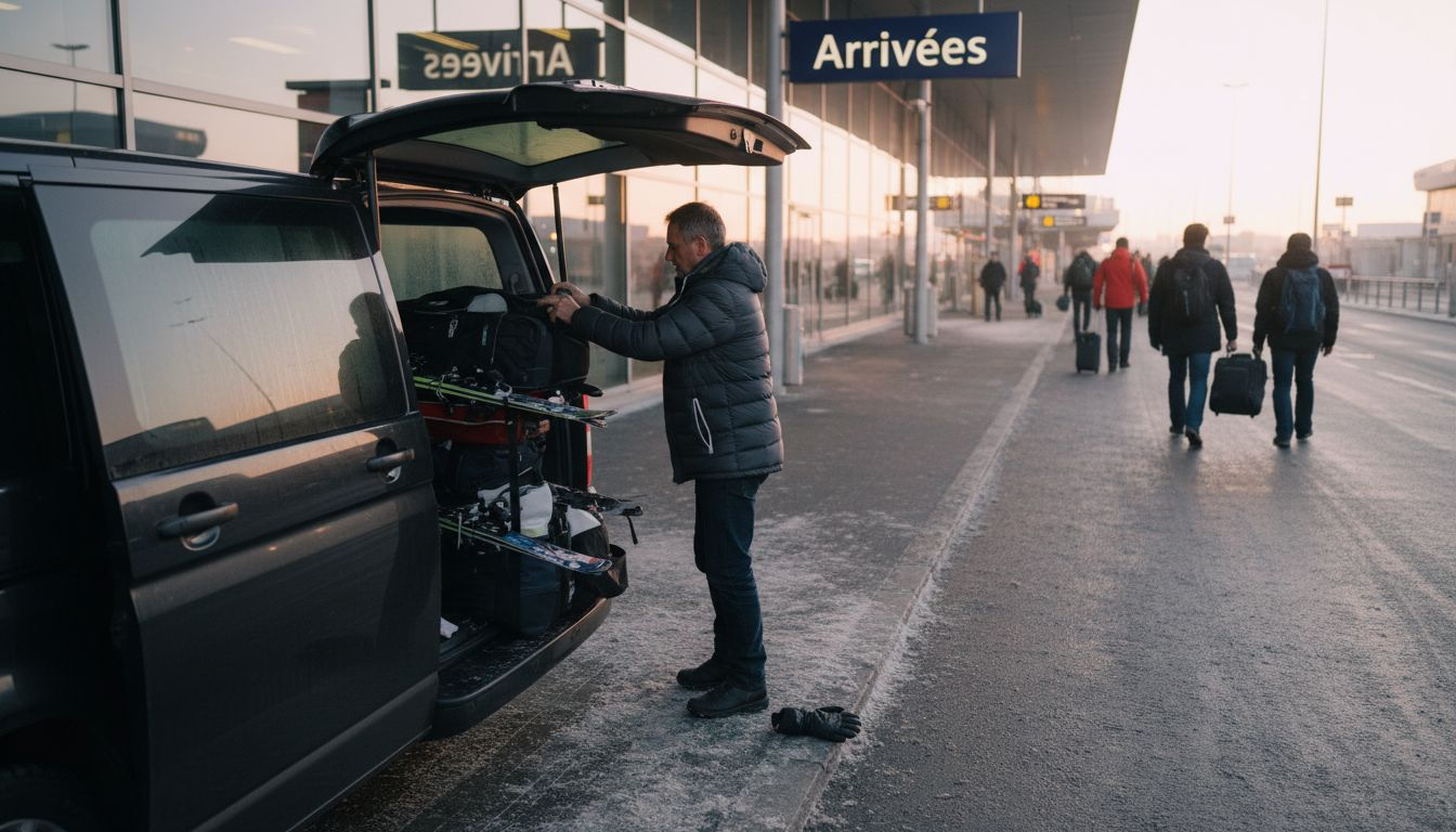 Driver loading skis at Geneva Airport in winter