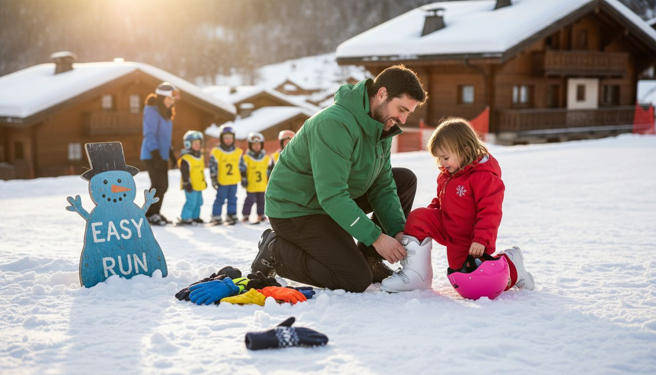Family preparing on La Plagne beginner slope