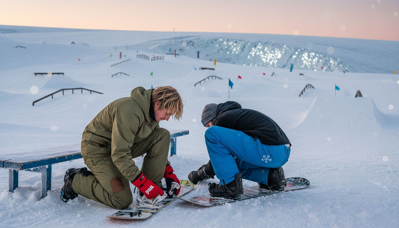 Snowboarders prepping at Tignes glacier snowpark