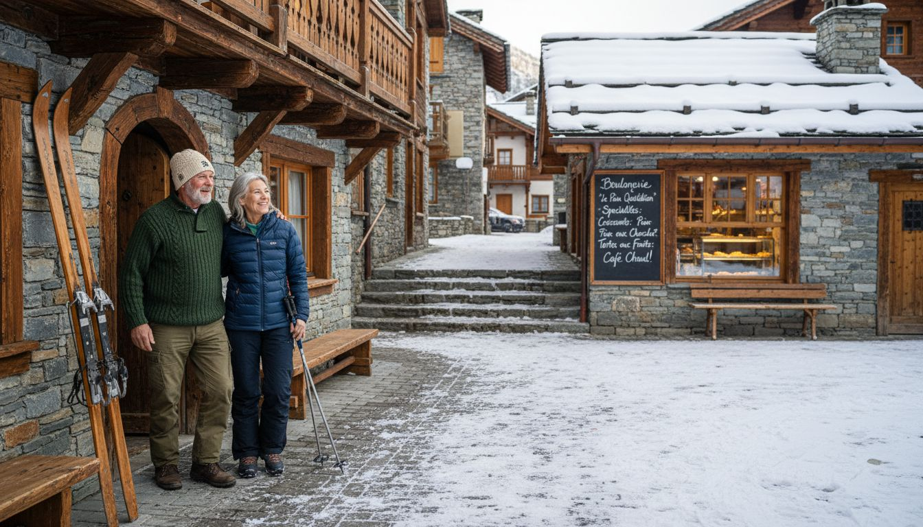 Couple leaving chalet in snowy Méribel village