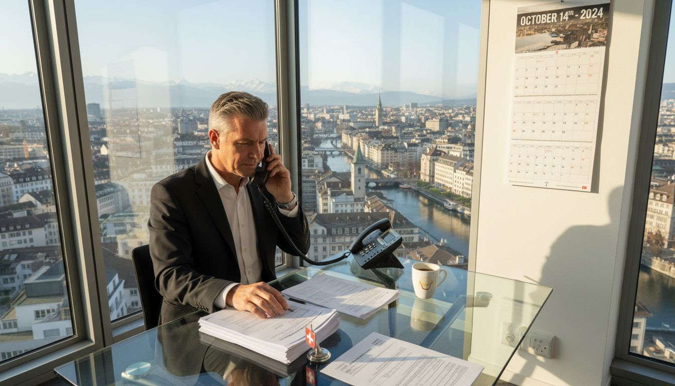 Swiss businessman at registered office desk