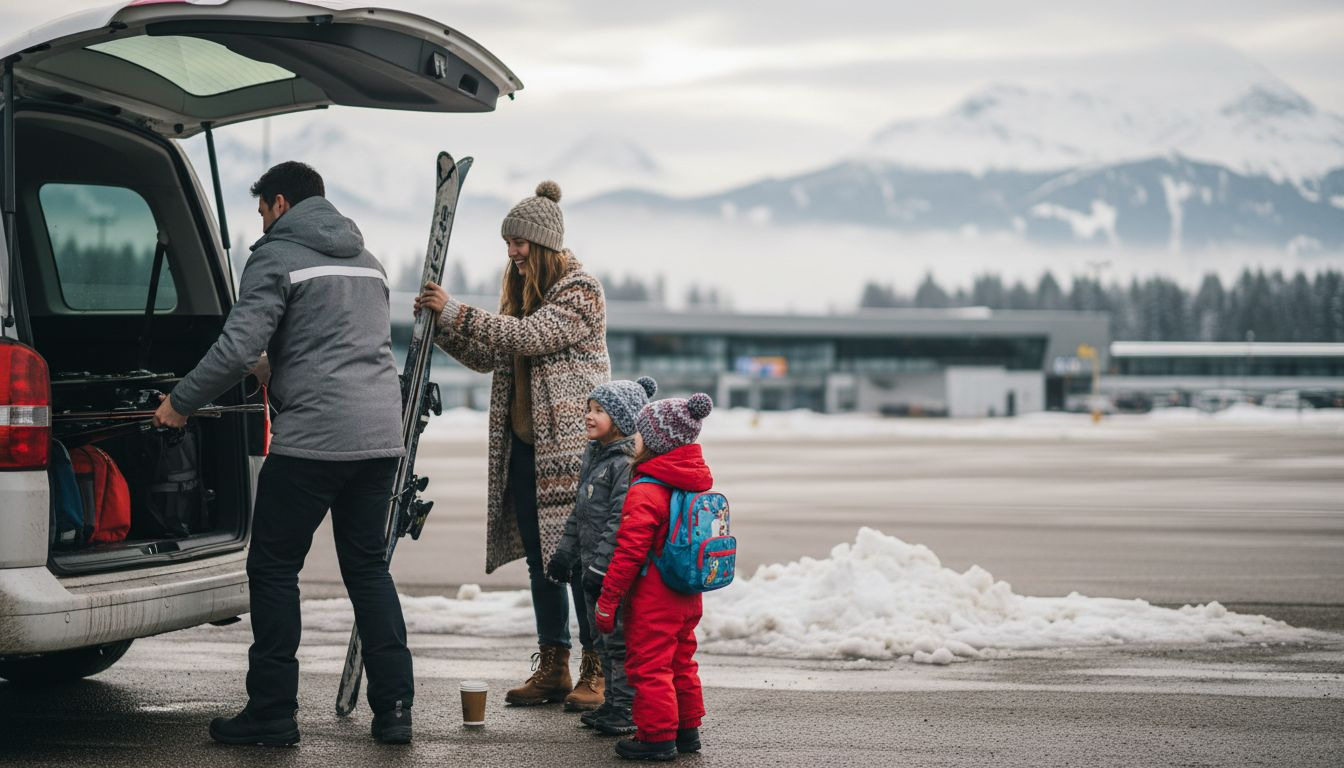 Family loading skis into airport transfer van