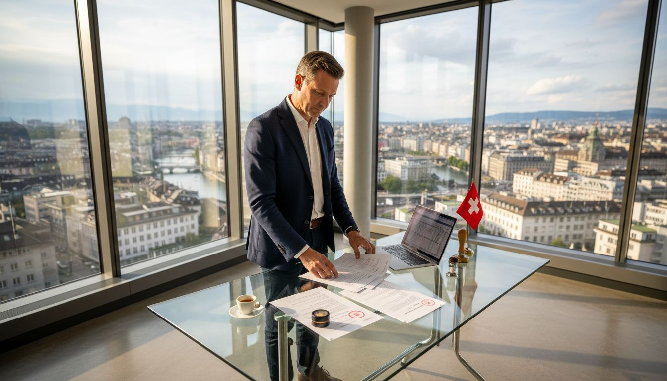 Swiss consultant reviewing legal company documents