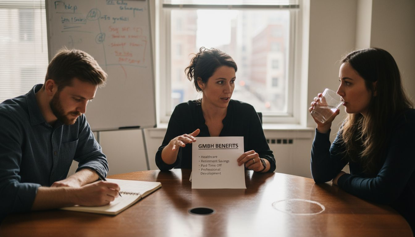 Small Swiss team discussing GmbH benefits