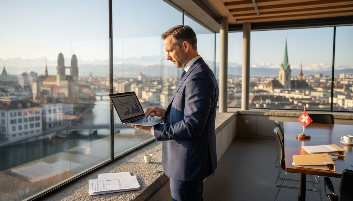 Executive in Swiss holding office overlooking Zurich