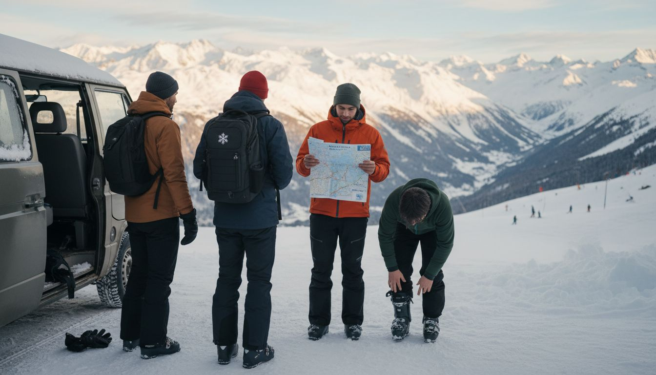 Group preparing for ski day in Chamonix Valley