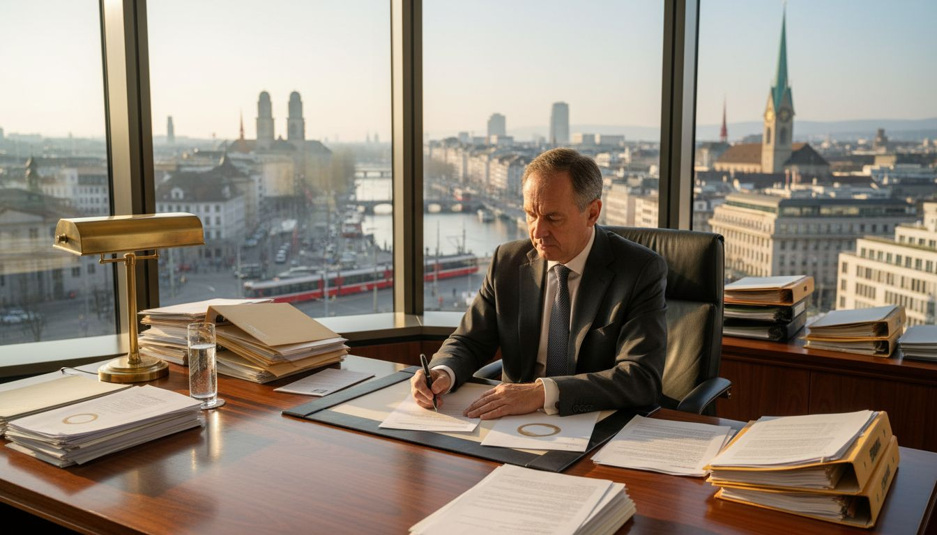 Swiss banker reviewing documents in bright office