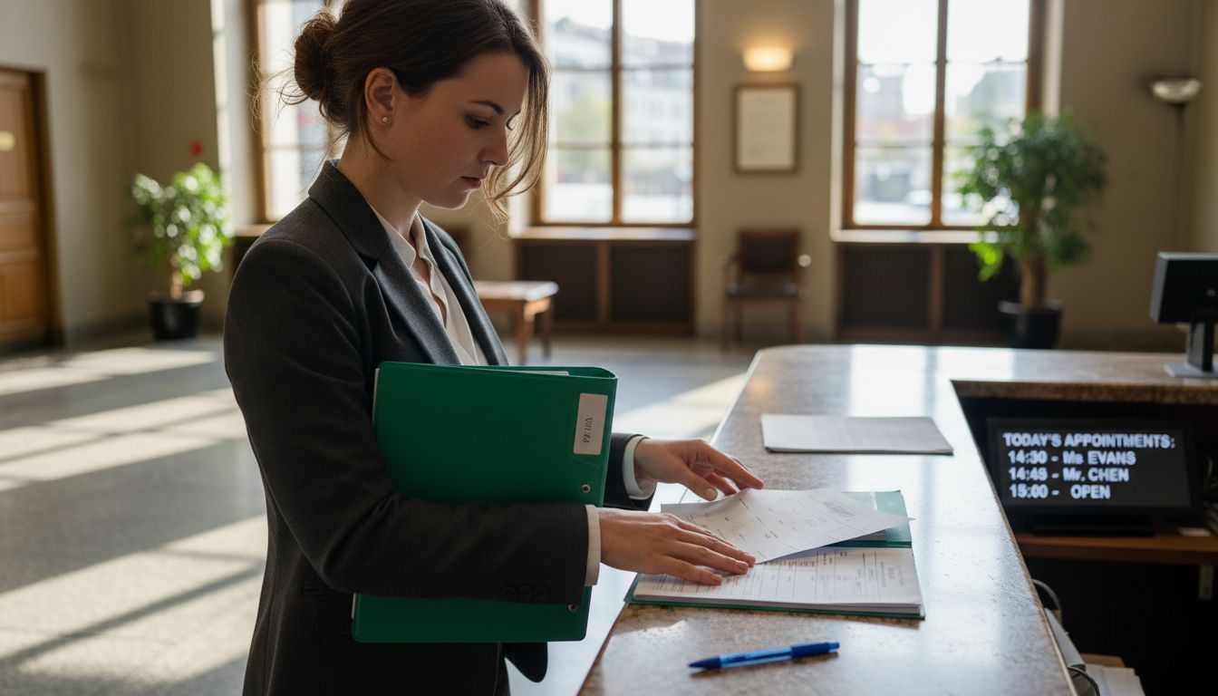Businesswoman organizing bank forms at Swiss bank