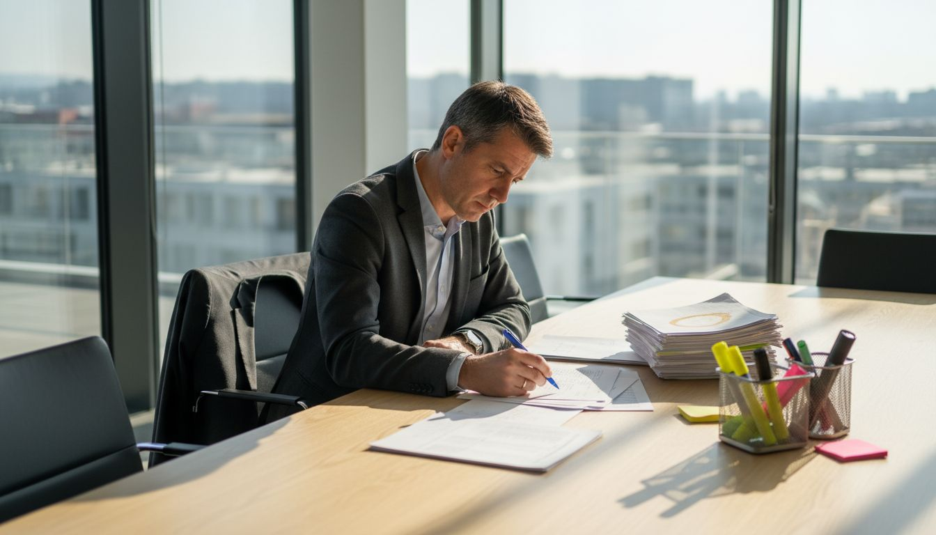 Manager reviewing Swiss reporting documents