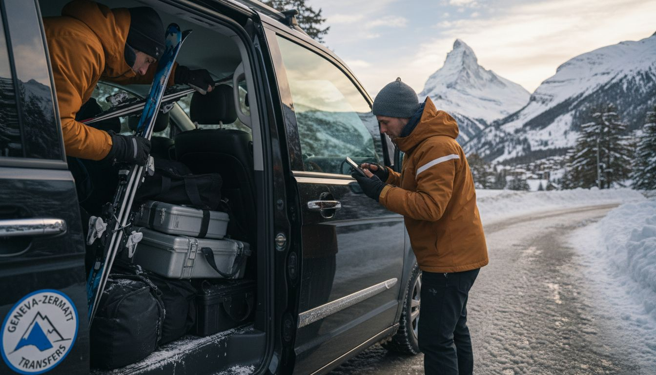 Travelers loading luggage into ski shuttle
