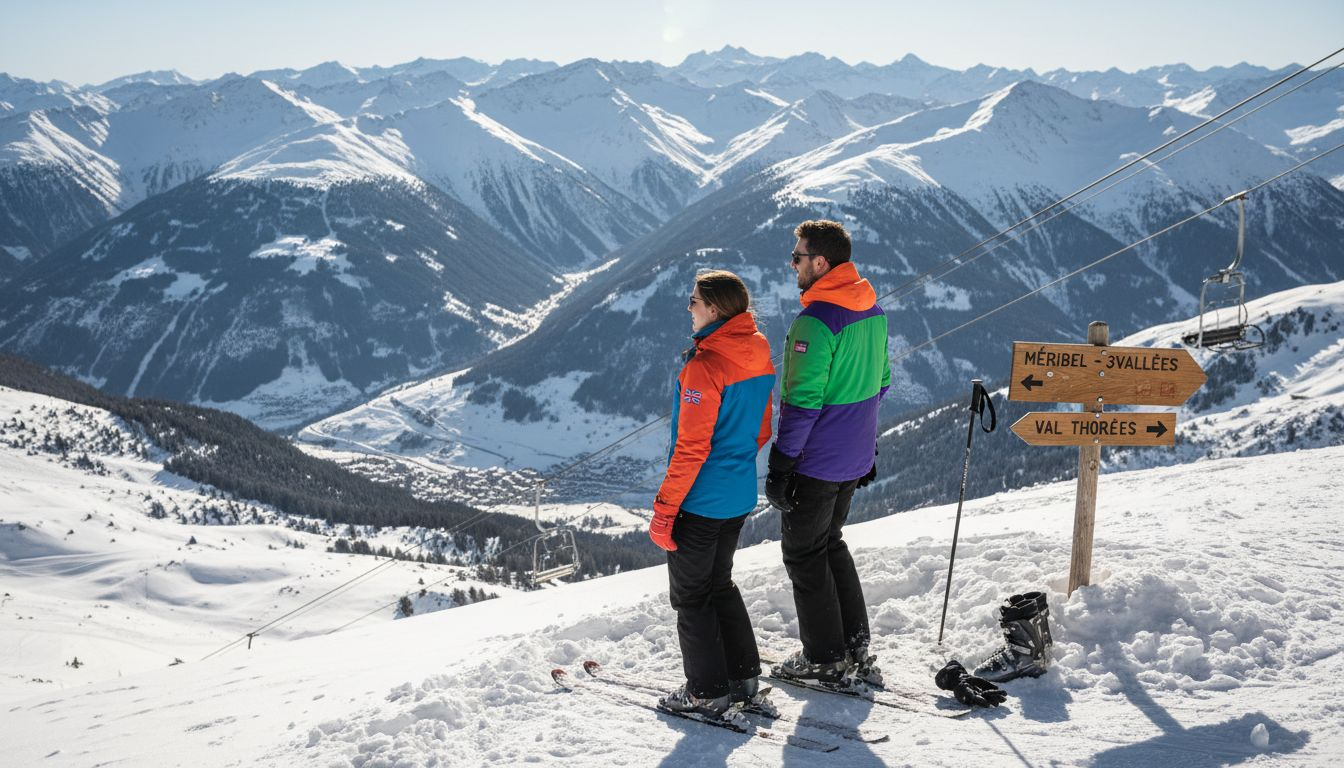 Skiers overlooking Méribel and Val Thorens
