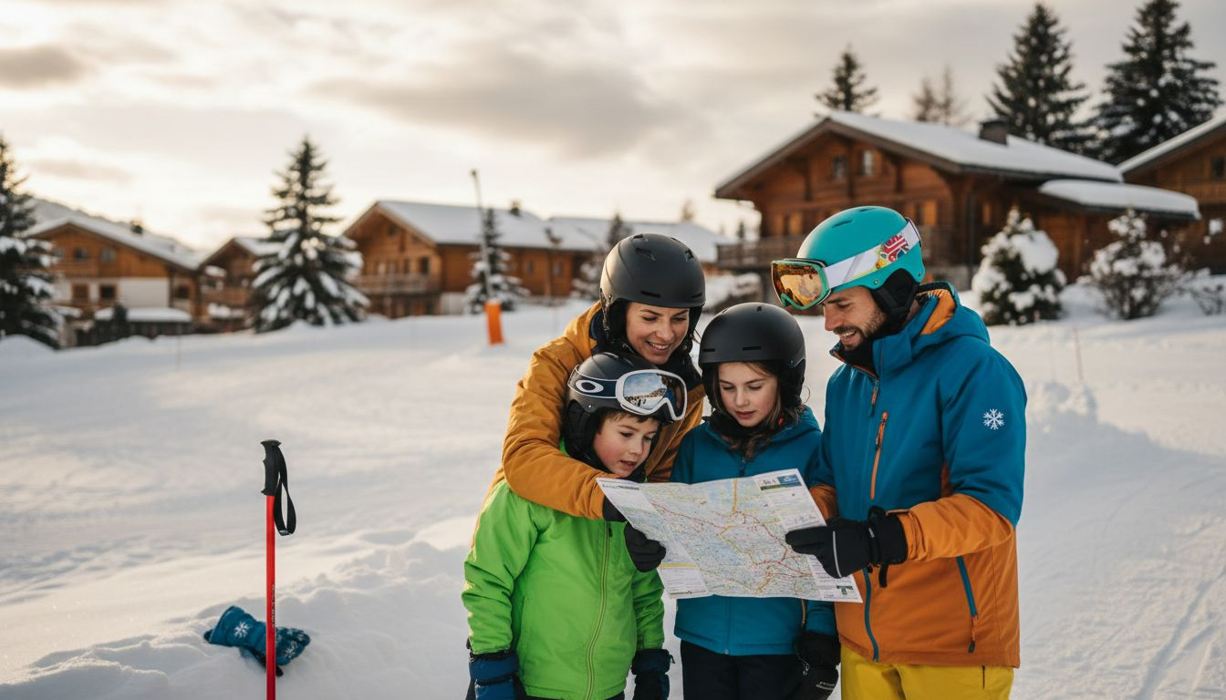 Family studying trail map on ski slope