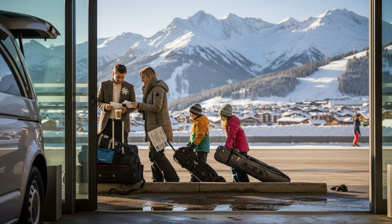 Family unloading ski gear at airport terminal