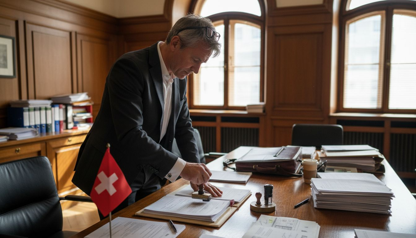 Swiss AG founder signing legal documents