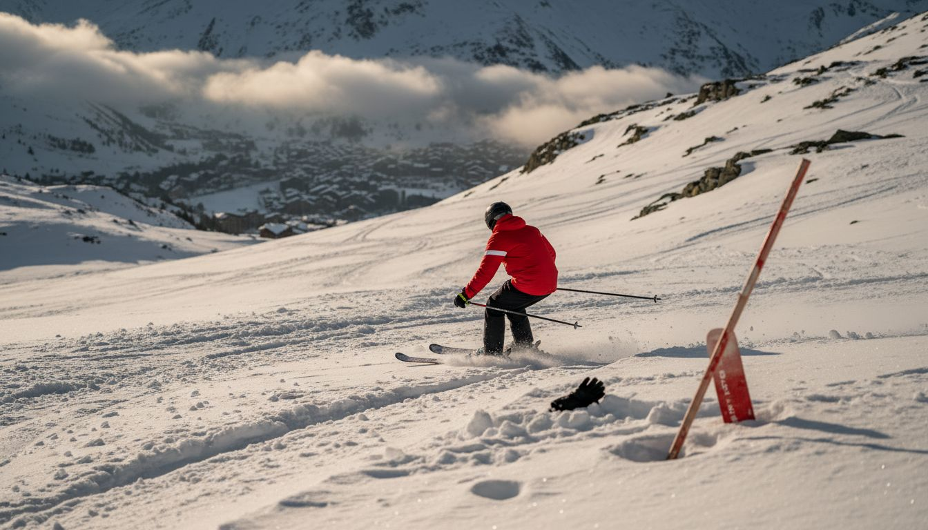 Skier tackling steep black run in Alps