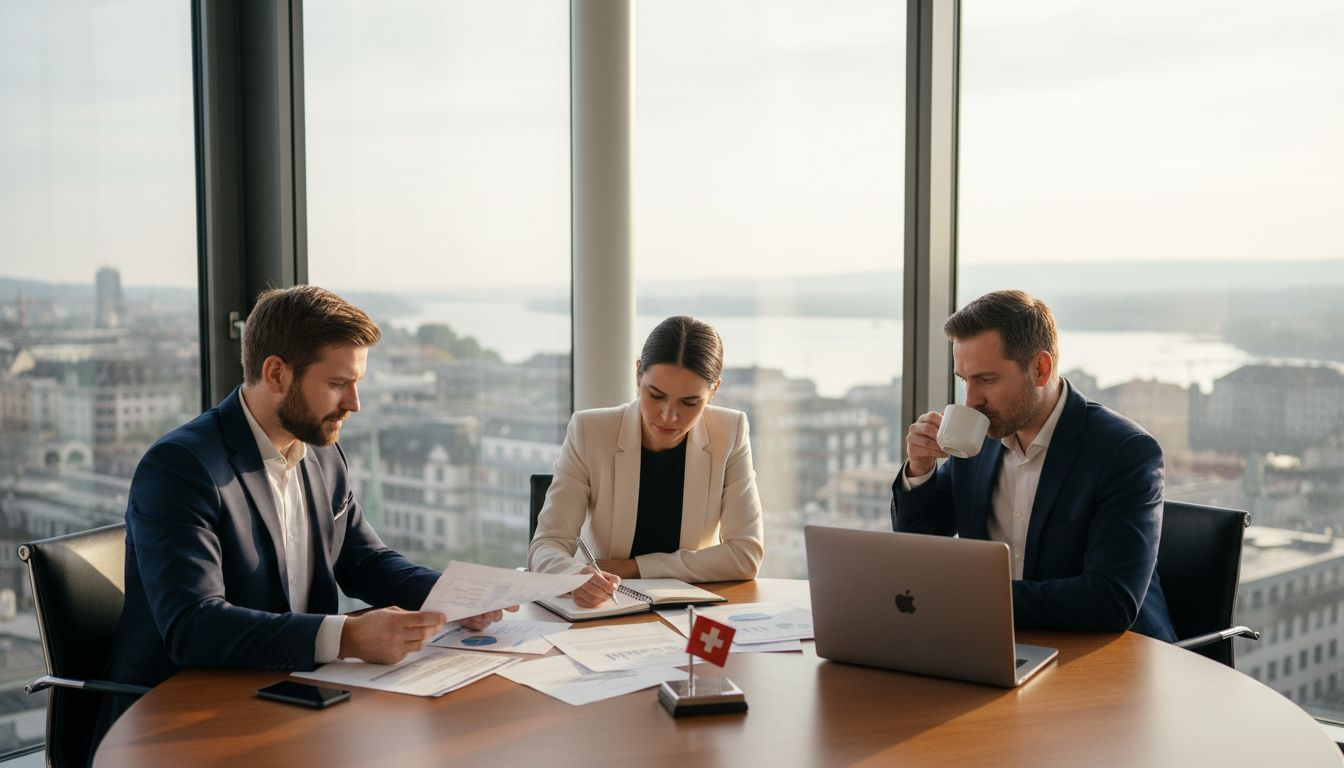 Foreign investors in Swiss office reviewing documents