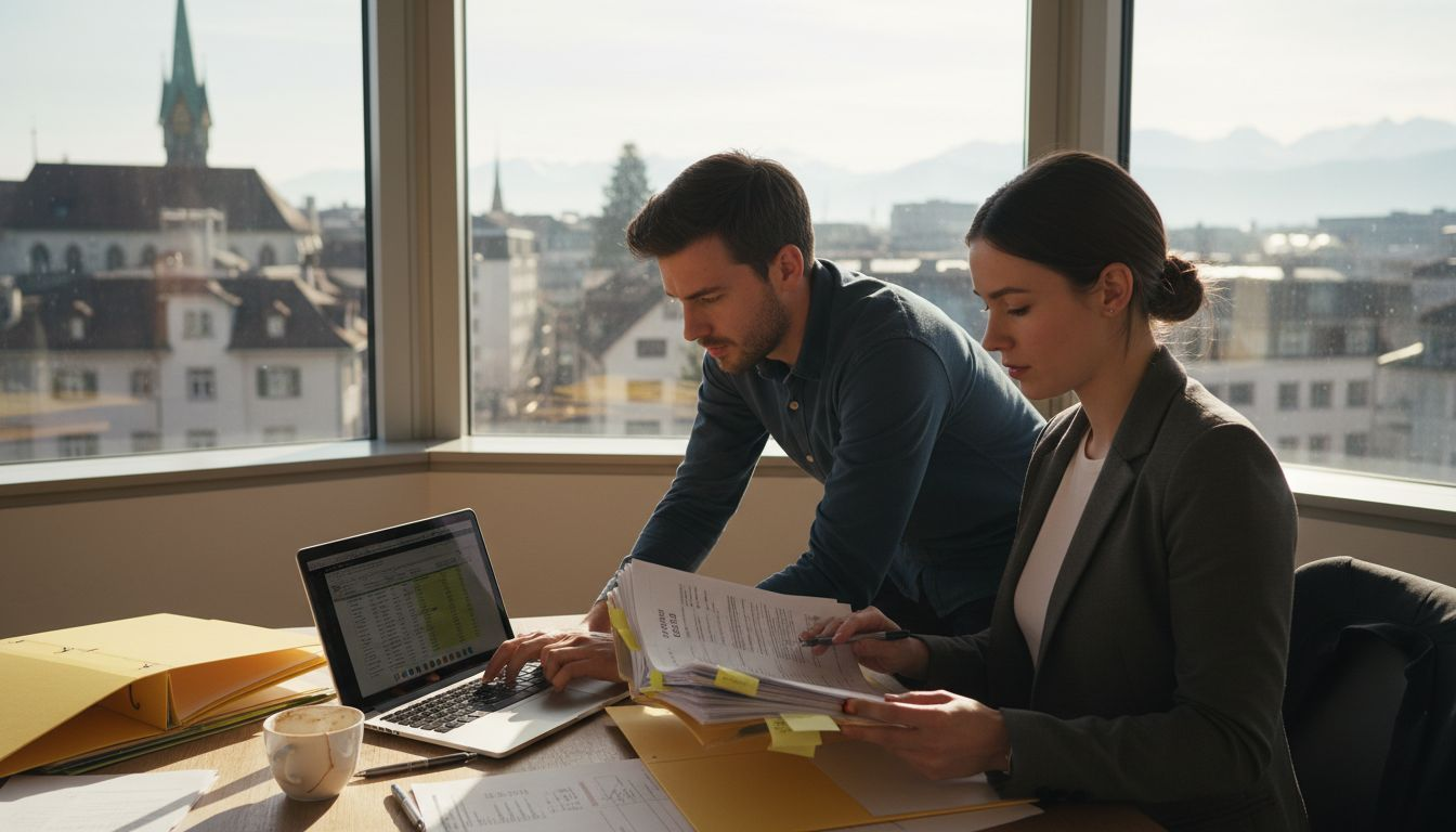 Entrepreneurs reviewing Swiss accounting documents