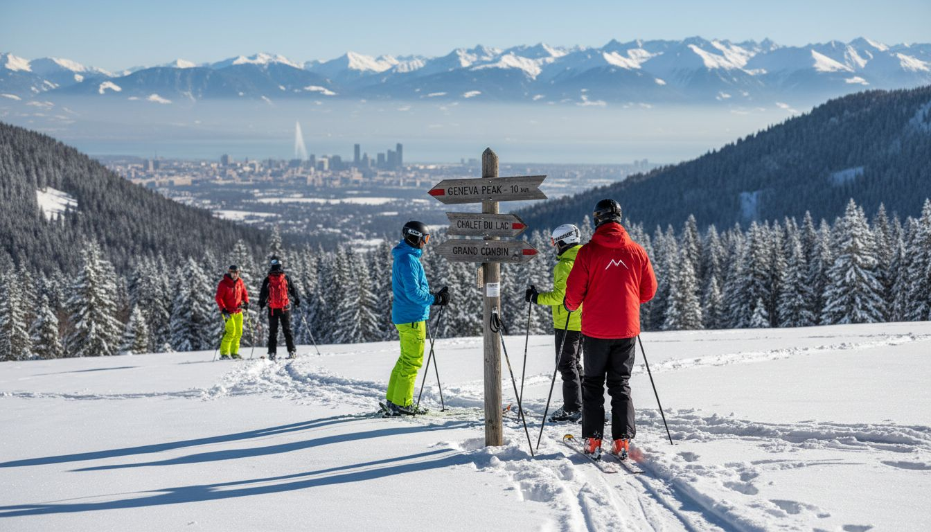 Skiers pausing on snowy slope near Geneva