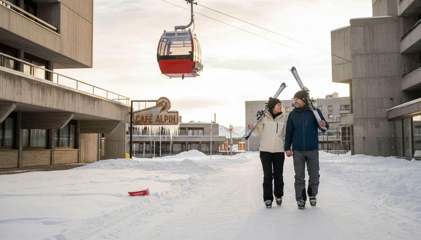 People carrying skis near Flaine hotel buildings