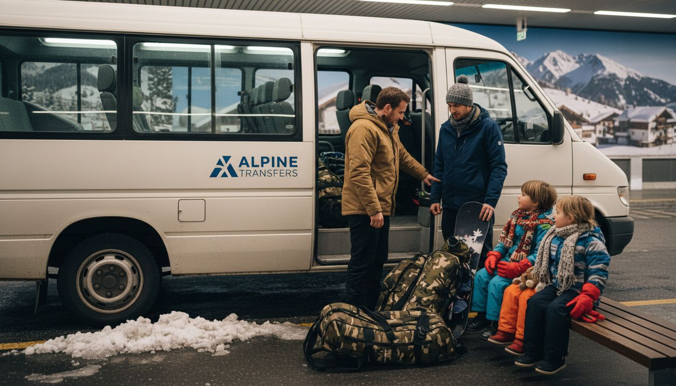 Family loading ski gear at transfer minibus