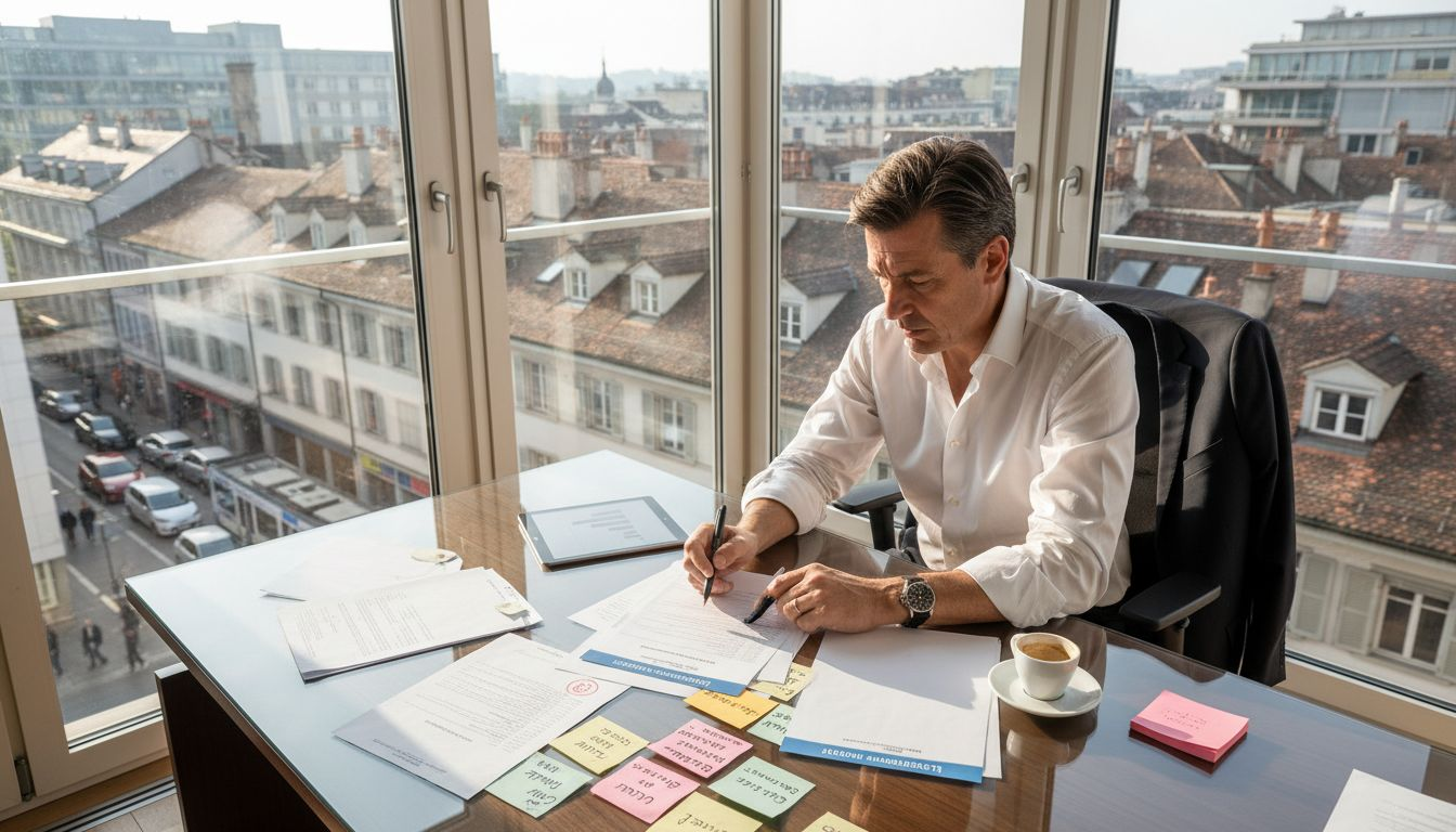 Swiss business owner reviews license documents