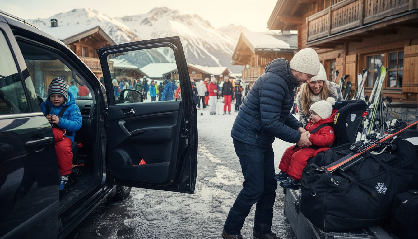 Family buckling into minivan for ski transfer