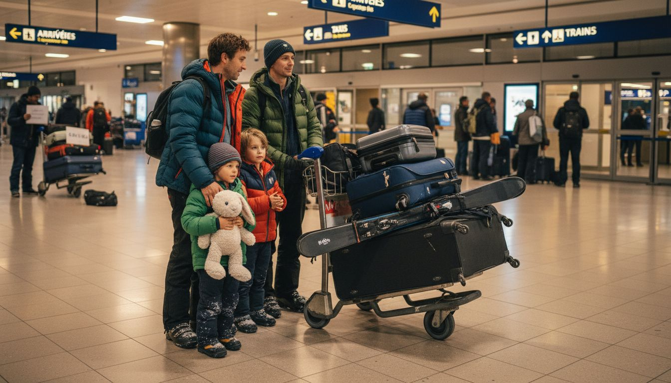 Family waiting at Geneva Airport with ski gear