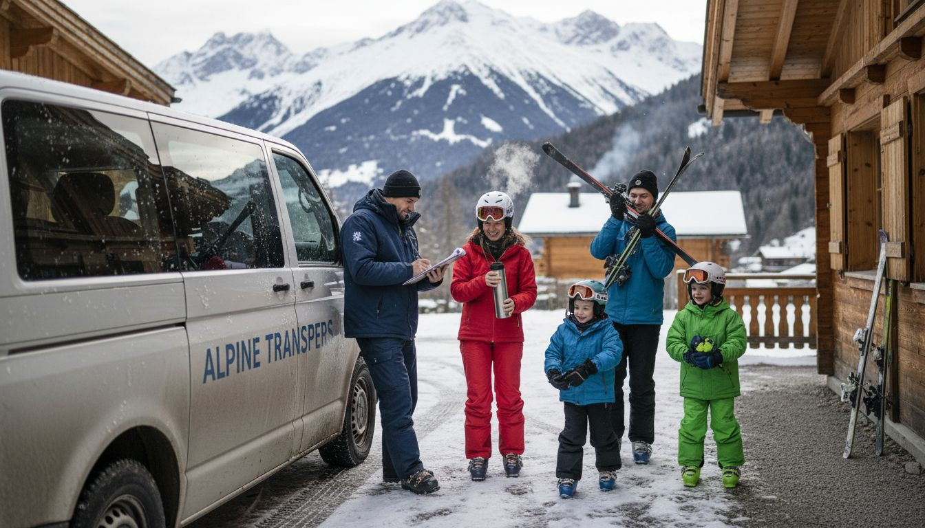 Family unloading ski gear from transfer van