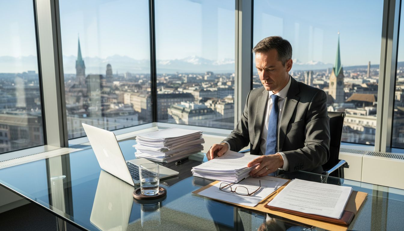 Executive sorting legal paperwork in Zurich office