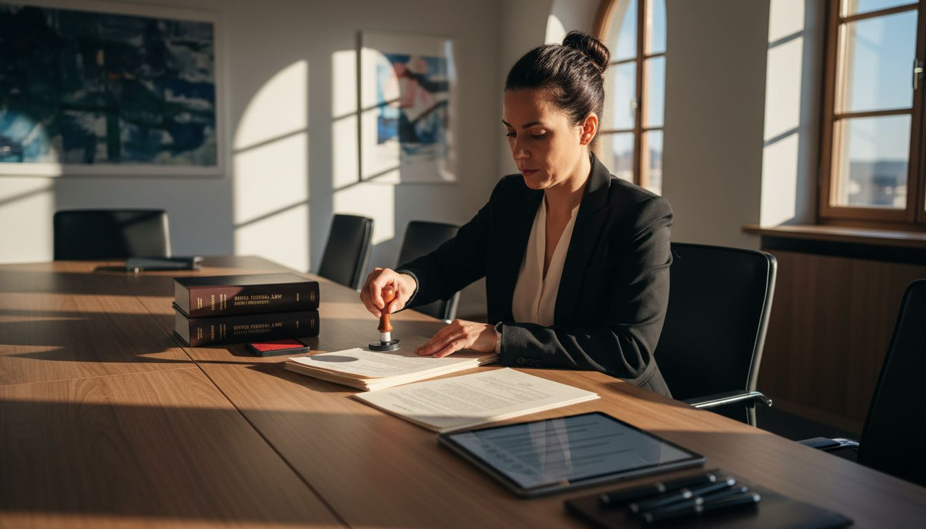 Lawyer stamping Swiss IP documents in firm meeting room
