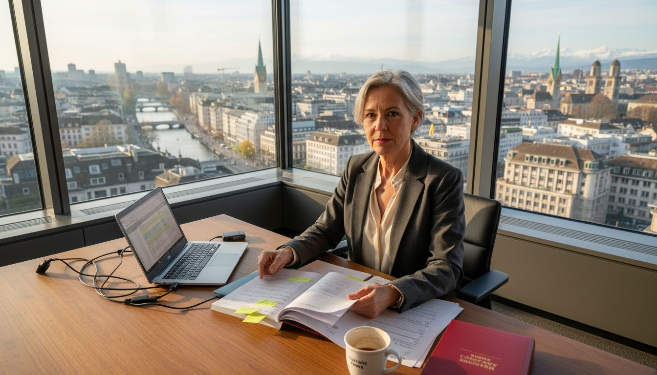 Swiss executive reviewing documents in corner office