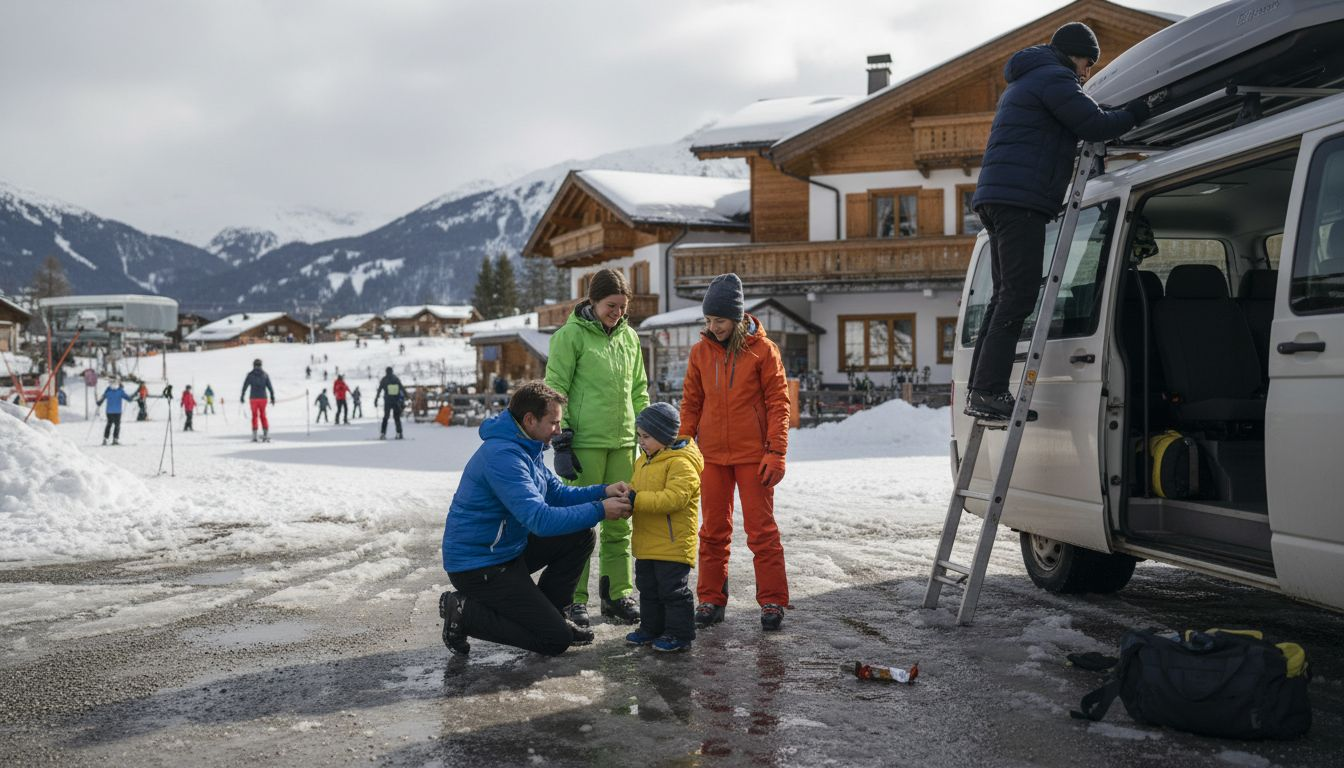 Family arrives by ski transfer at resort