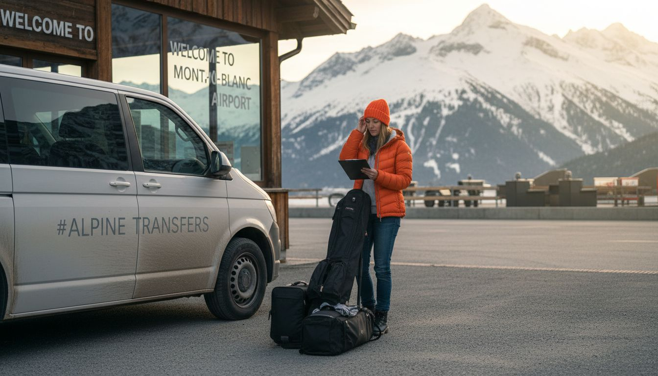 Driver checks list next to airport ski shuttle
